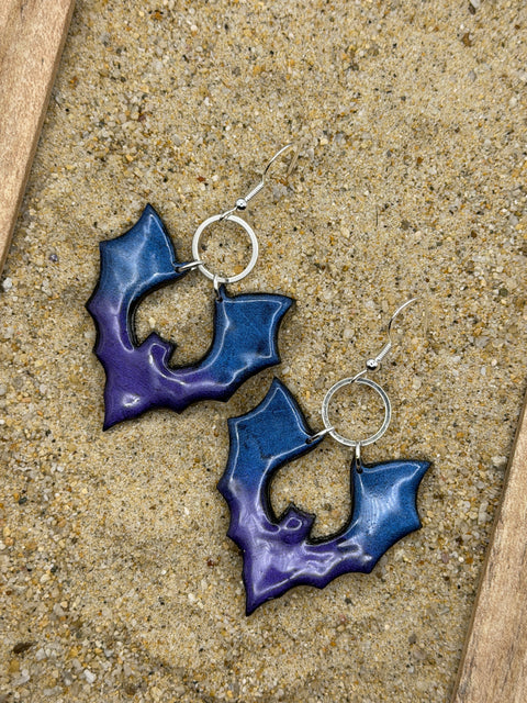 Salem - Shimmer Bat Dangle Earrings: Handmade, Hand-Painted Polymer Clay