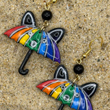 Love - Rainbow Cat Umbrella Earrings: Handmade, Hand-Painted Polymer Clay