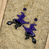 Salem - Witch Flying on Broom Earrings: Handmade, Hand Painted, Polymer Clay