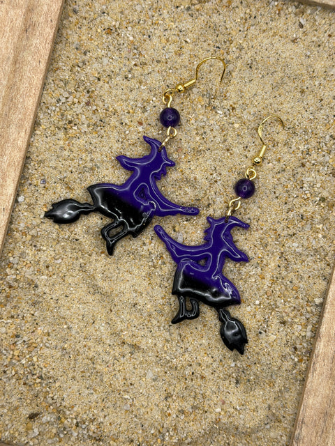 Salem - Witch Flying on Broom Earrings: Handmade, Hand Painted, Polymer Clay