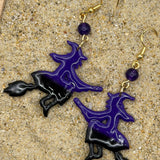 Salem - Witch Flying on Broom Earrings: Handmade, Hand Painted, Polymer Clay