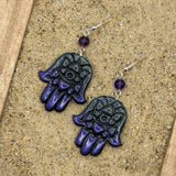 Mystical - Shimmer Hand of Fatima, Hamsa Earrings: Handmade, Hand Painted Polymer Clay