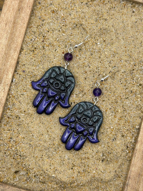 Mystical - Shimmer Hand of Fatima, Hamsa Earrings: Handmade, Hand Painted Polymer Clay