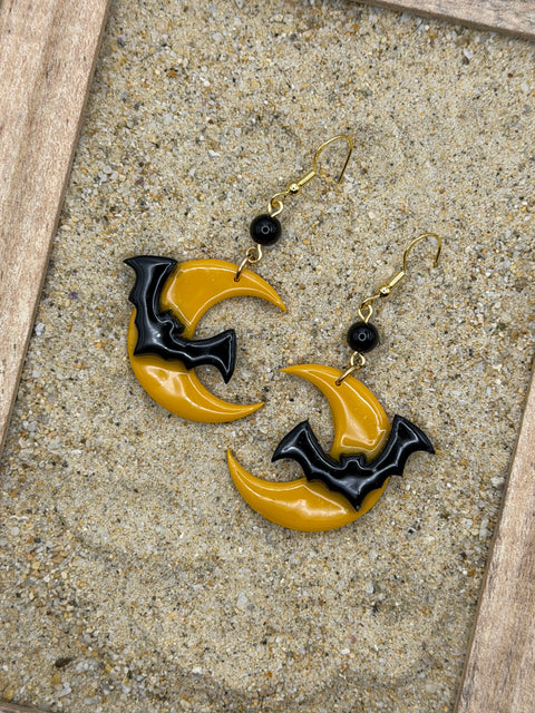 Salem - Bat on the Moon Earrings: Handmade, Polymer Clay