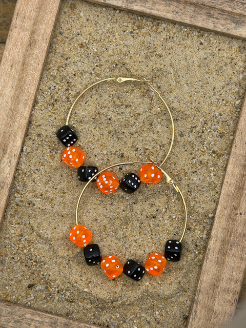 Salem - Orange and Black Dice Large Gold Tone Hoop Earrings