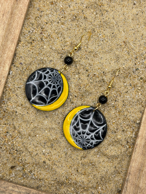 Salem - Spiderweb Moon Earrings: Handmade, Polymer Clay
