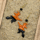 Salem - Witch Flying on Broom Earrings: Handmade, Hand Painted, Polymer Clay