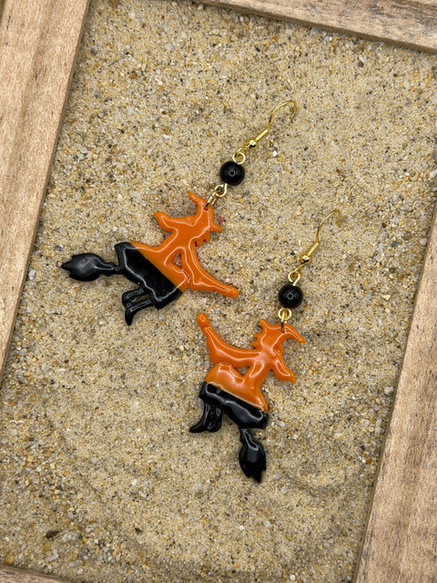 Salem - Witch Flying on Broom Earrings: Handmade, Hand Painted, Polymer Clay