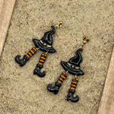 Salem - Witch Hat with Stocking Legs Dangle Earrings: Handmade, Hand Painted, Polymer Clay