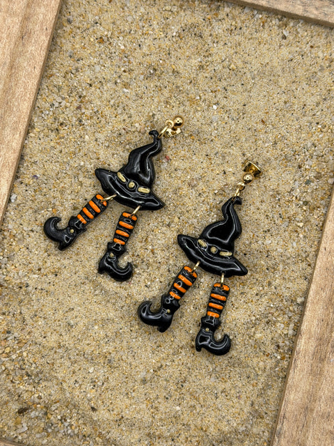 Salem - Witch Hat with Stocking Legs Dangle Earrings: Handmade, Hand Painted, Polymer Clay
