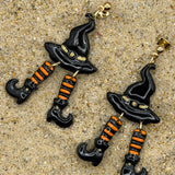 Salem - Witch Hat with Stocking Legs Dangle Earrings: Handmade, Hand Painted, Polymer Clay