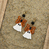Salem - Mini Ghost with Bow Earrings: Handmade, Hand Painted, Polymer Clay