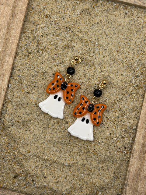 Salem - Mini Ghost with Bow Earrings: Handmade, Hand Painted, Polymer Clay