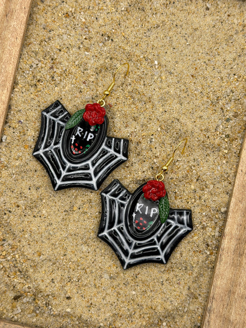 Salem - Spiderweb with Flower Dangle Earrings: Handmade, Hand-Painted Polymer Clay