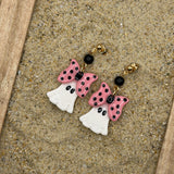 Salem - Mini Ghost with Bow Earrings: Handmade, Hand Painted, Polymer Clay