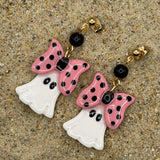 Salem - Mini Ghost with Bow Earrings: Handmade, Hand Painted, Polymer Clay