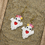 Salem - Ghost with Flower Crown Earrings: Handmade, Hand Painted, Polymer Clay