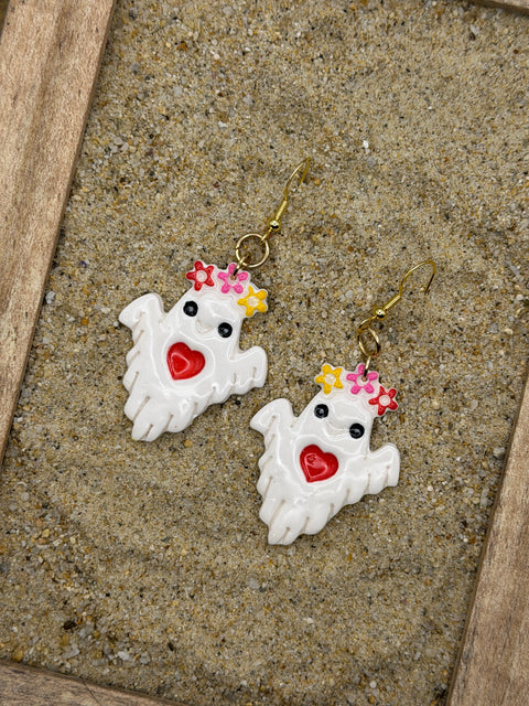 Salem - Ghost with Flower Crown Earrings: Handmade, Hand Painted, Polymer Clay