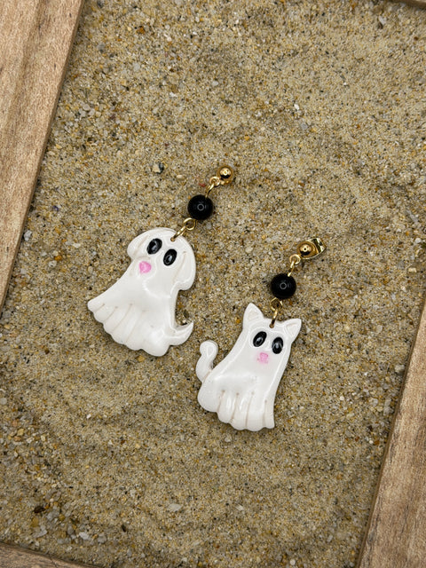 Salem - Ghostly Cat and Dog Earrings: Handmade, Hand Painted, Polymer Clay