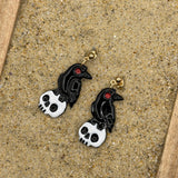 Salem - Crow on Skull Earrings: Handmade, Hand Painted, Polymer Clay