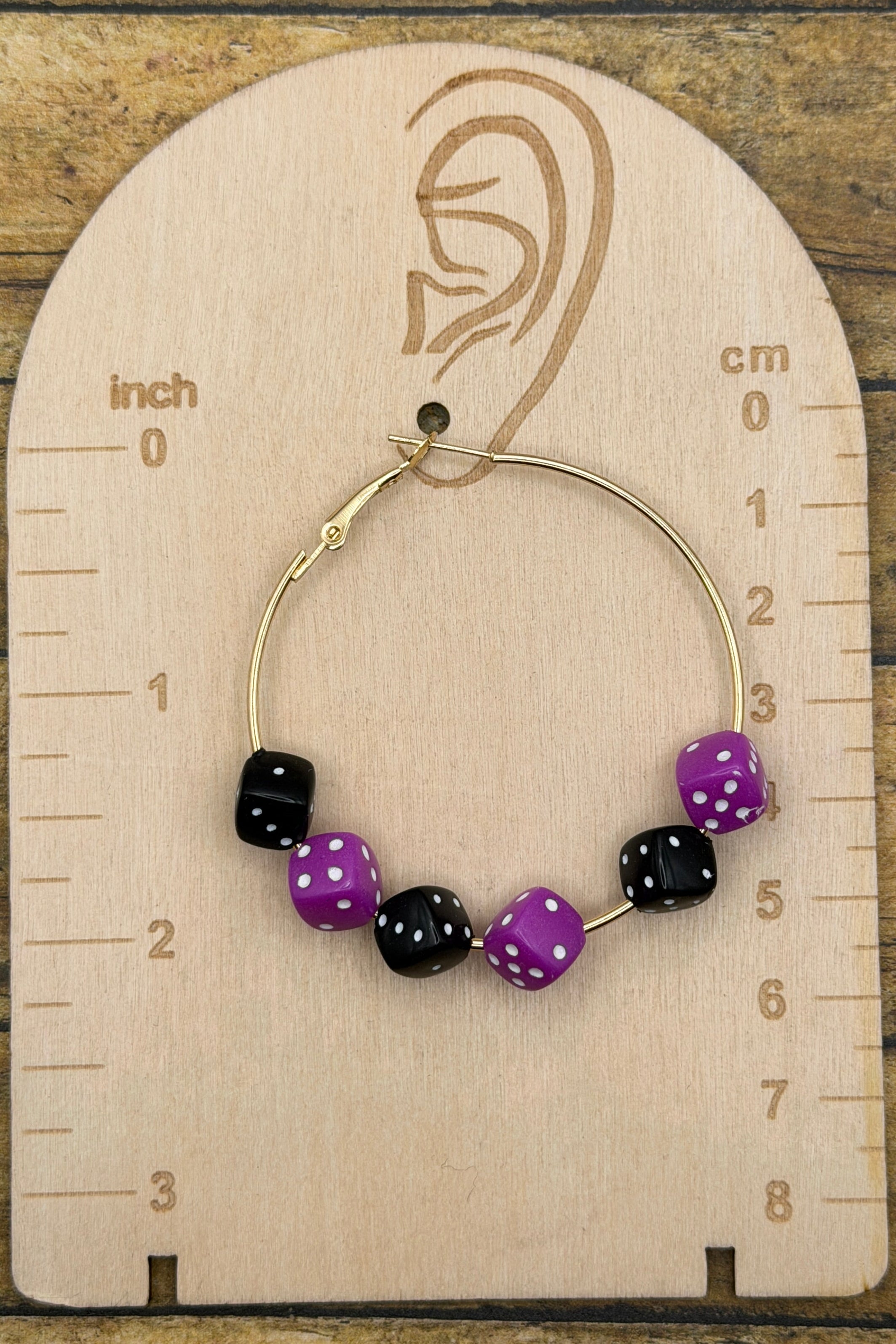 Salem - Purple and Black Dice Large Gold Hoop Earrings