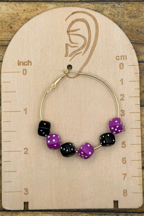 Salem - Purple and Black Dice Large Gold Hoop Earrings