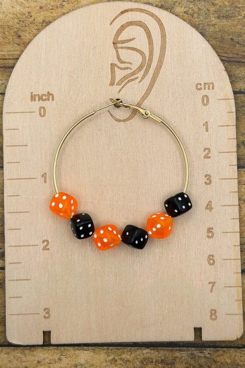Salem - Orange and Black Dice Large Gold Tone Hoop Earrings