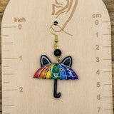 Love - Rainbow Cat Umbrella Earrings: Handmade, Hand-Painted Polymer Clay