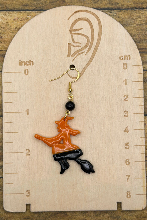 Salem - Witch Flying on Broom Earrings: Handmade, Hand Painted, Polymer Clay