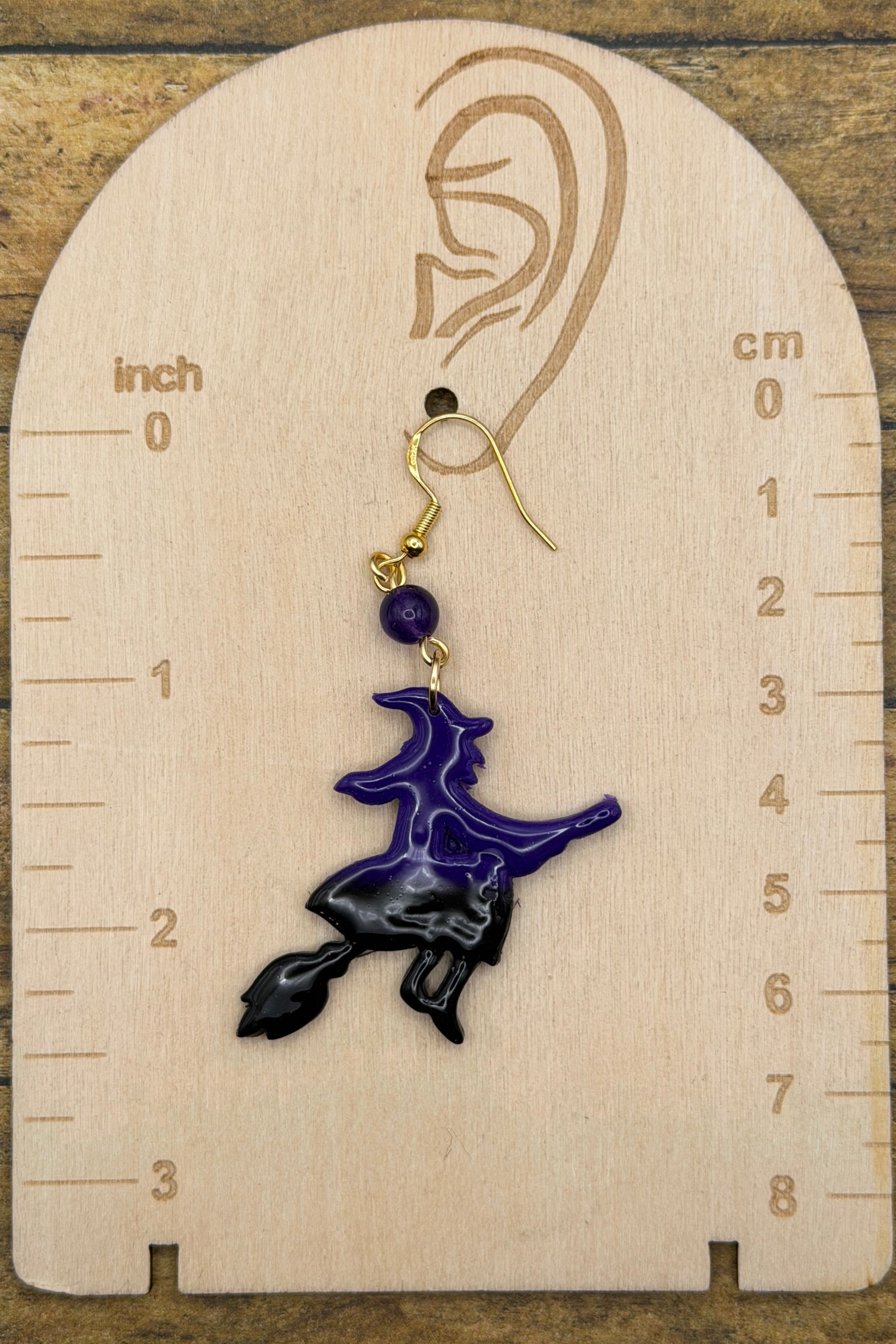Salem - Witch Flying on Broom Earrings: Handmade, Hand Painted, Polymer Clay