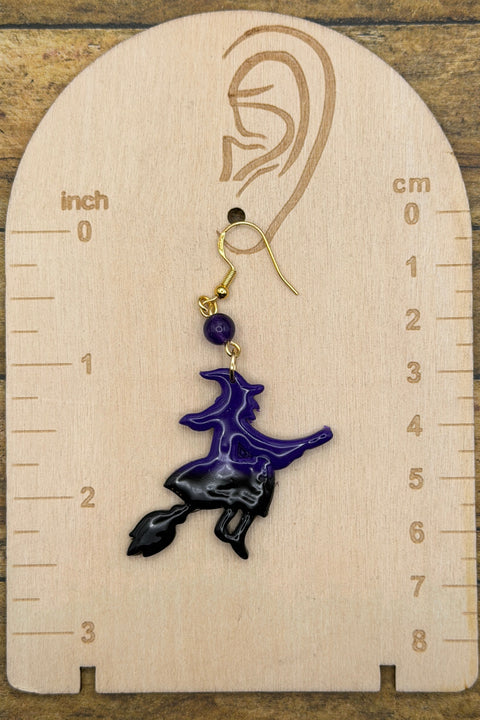 Salem - Witch Flying on Broom Earrings: Handmade, Hand Painted, Polymer Clay