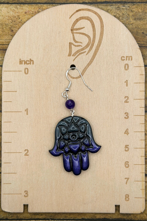 Mystical - Shimmer Hand of Fatima, Hamsa Earrings: Handmade, Hand Painted Polymer Clay
