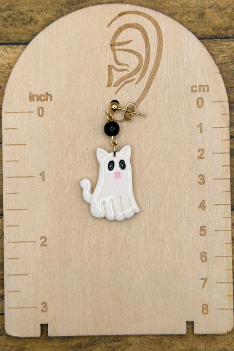 Salem - Ghostly Cat and Dog Earrings: Handmade, Hand Painted, Polymer Clay