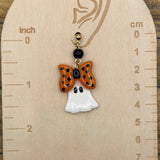 Salem - Mini Ghost with Bow Earrings: Handmade, Hand Painted, Polymer Clay