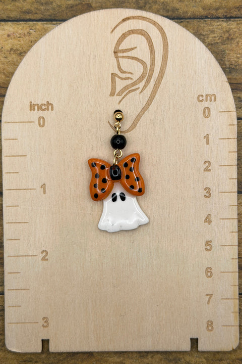 Salem - Mini Ghost with Bow Earrings: Handmade, Hand Painted, Polymer Clay