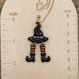 Salem - Witch Hat with Stocking Legs Dangle Earrings: Handmade, Hand Painted, Polymer Clay