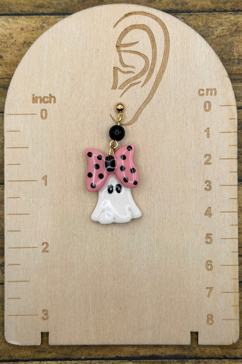 Salem - Mini Ghost with Bow Earrings: Handmade, Hand Painted, Polymer Clay