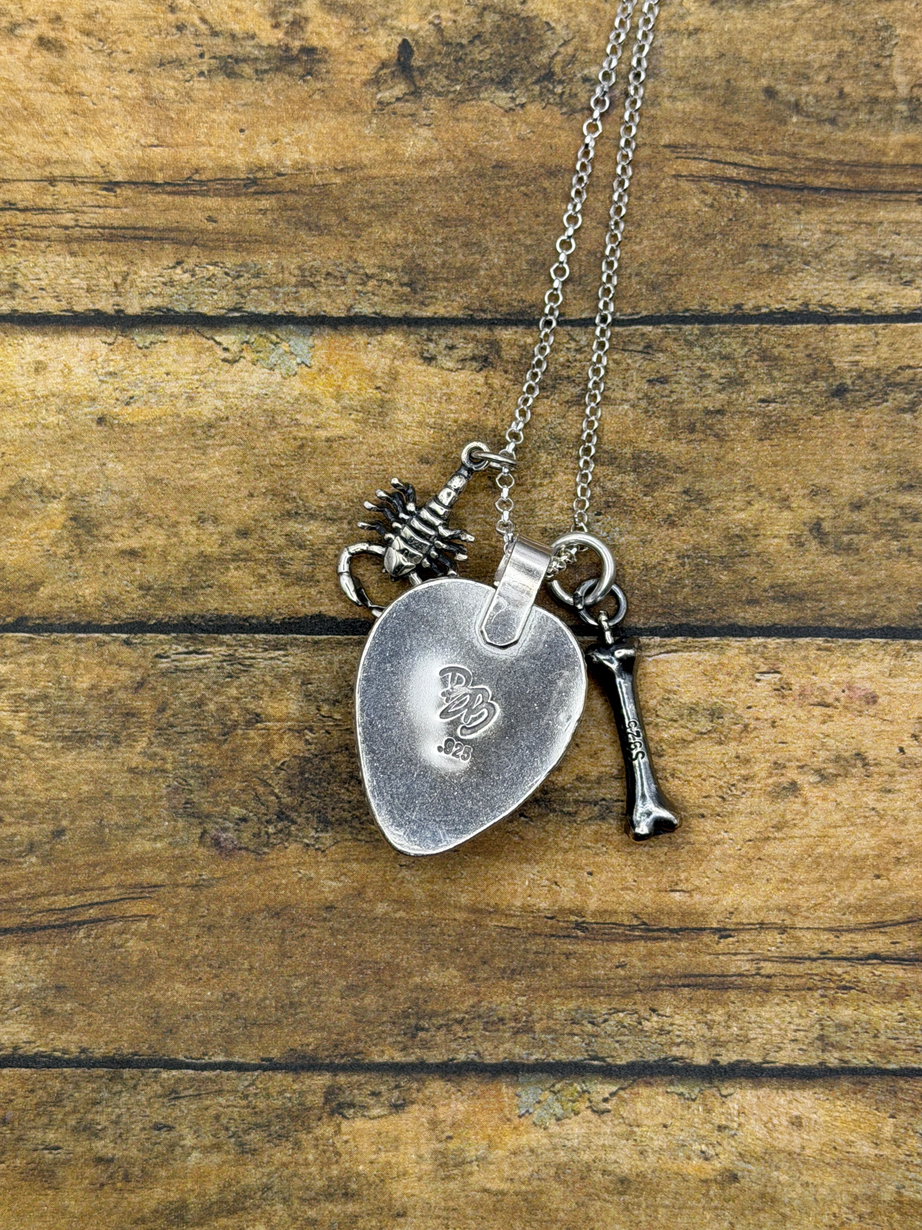 Wynona - Black Scorpion in Lime Green Resin Heart Charm Necklace with Bone Charm