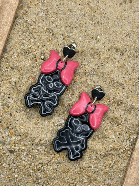 Salem - Skull and Bones with Bow Earrings: Handmade, Hand Painted, Polymer Clay