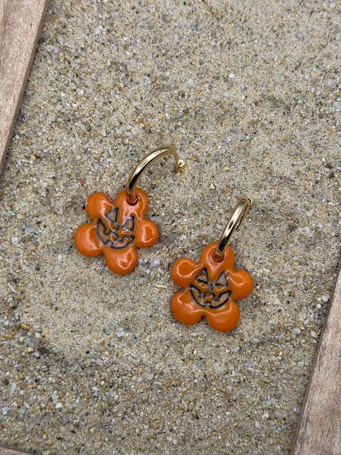 Salem - Scary Pumpkin Hoop Earrings: Handmade, Hand Painted, Polymer Clay