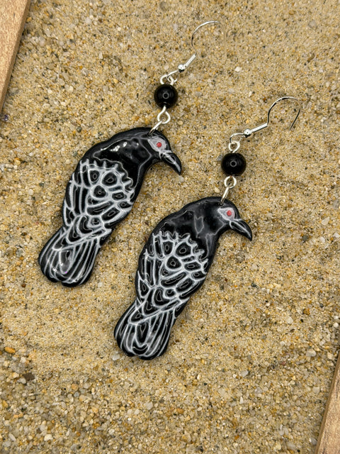 Salem - Black Raven Dangle Earrings: Handmade, Hand-Painted Polymer Clay