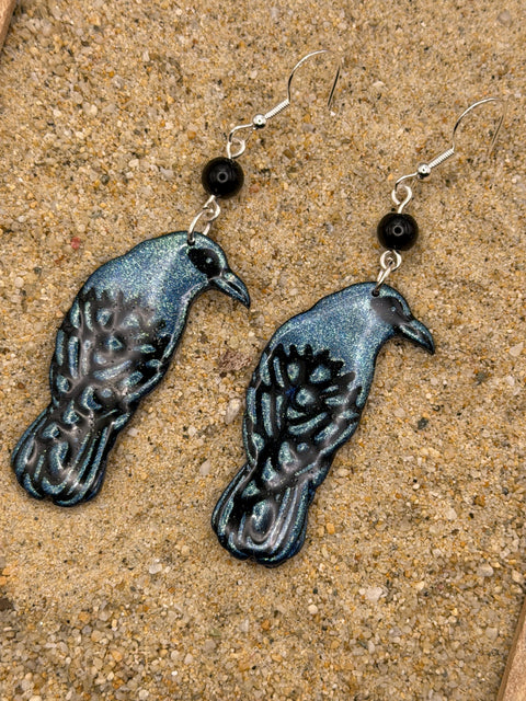 Salem - Shimmer Raven Dangle Earrings: Handmade, Hand-Painted Polymer Clay