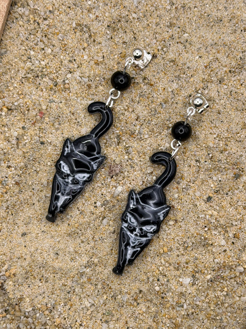 Cat Lover - Black Kitty Dangle Earrings: Handmade, Hand-Painted Polymer Clay