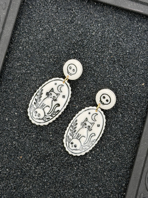 Salem - Cameo Cats Dangle Earrings: Handmade, Hand Painted, Polymer Clay