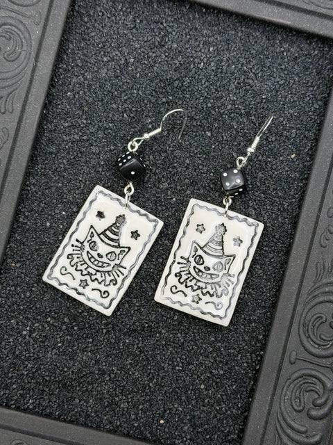 Salem - Spooky Carnival Cat Dangle Earrings: Handmade, Hand Painted, Polymer Clay