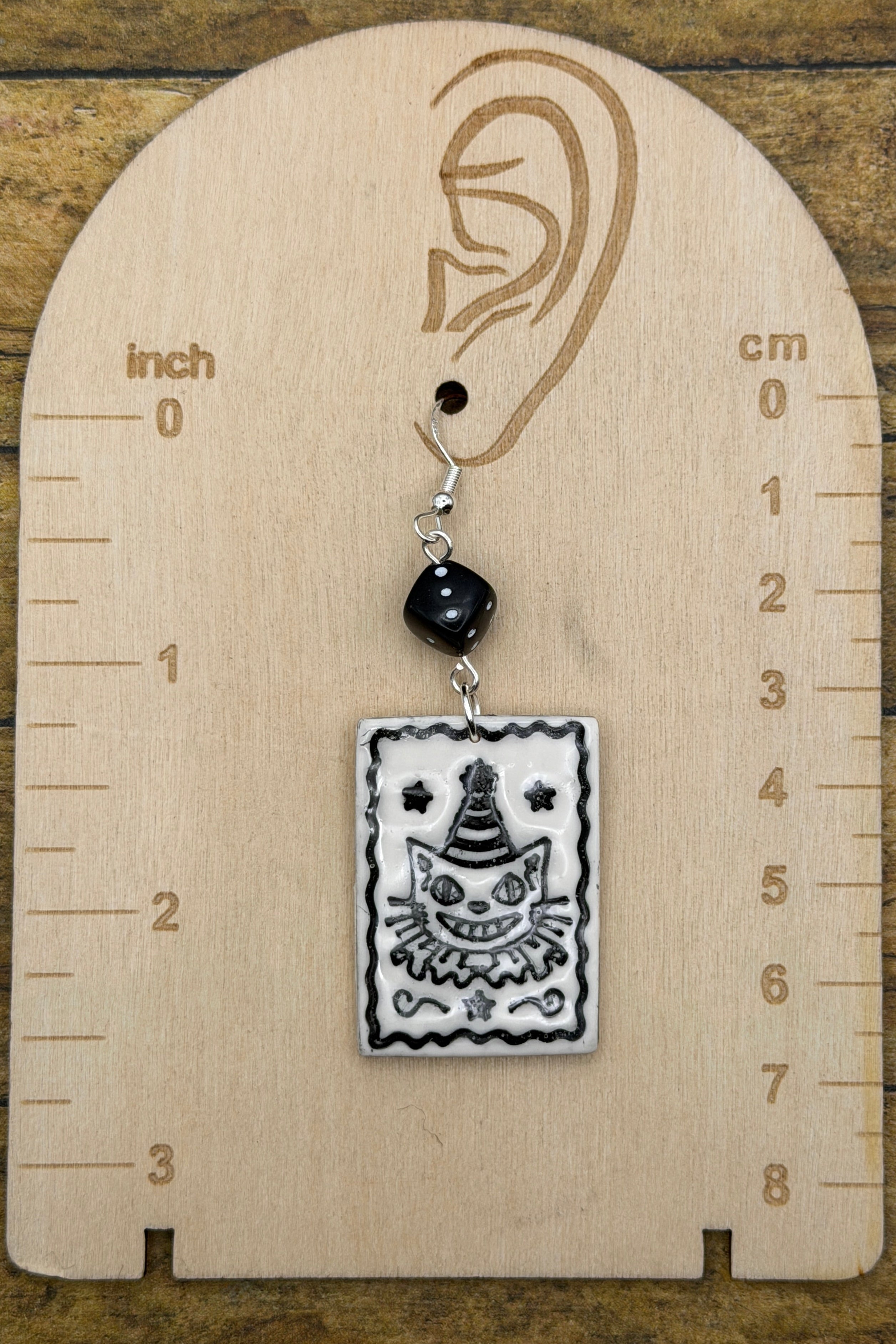 Salem - Spooky Carnival Cat Dangle Earrings: Handmade, Hand Painted, Polymer Clay