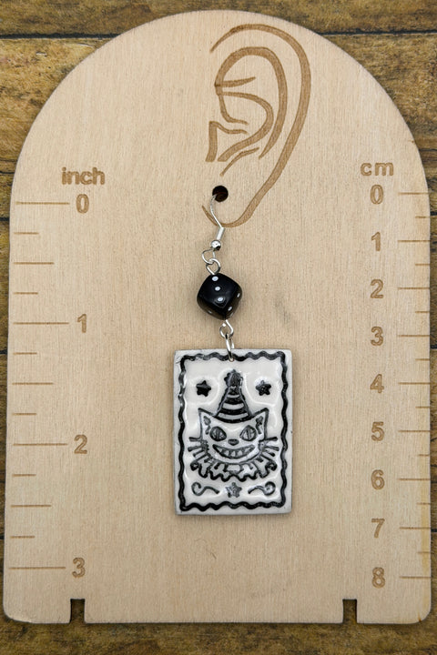 Salem - Spooky Carnival Cat Dangle Earrings: Handmade, Hand Painted, Polymer Clay