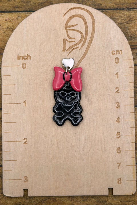 Salem - Skull and Bones with Bow Earrings: Handmade, Hand Painted, Polymer Clay