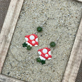 Magical Forest - Red and White Mushroom Earrings with Jade Bead: Handmade Polymer Clay