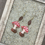 Magical Forest - Red Mushroom Earrings with Wood Bead: Handmade Polymer Clay